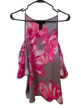 INC International Concepts Women's Gray and Pink Floral Cold-Shoulder Blouse